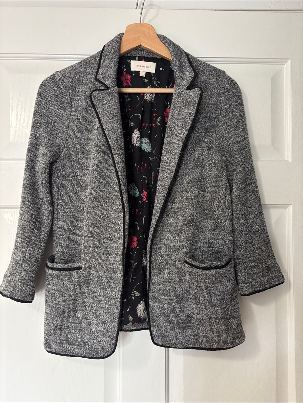 Grey Knit Blazer with Contrast Trim